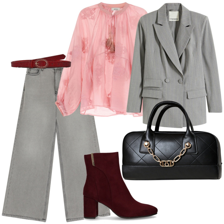Outfit donna - A lavoro. per Scuola/Università. Abbinamento con blazer, cinture, borse a mano, camicie, jeans, stivaletti.