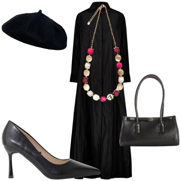 Outfit donna - Abbinamento abito e collana. Stile Chic per Serata fuori. Abbinamento con borse a mano, décolleté, vestiti, collane, cappelli e berretti.