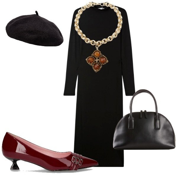 Outfit donna - Abbinamento abito e collana. Stile Chic per Serata fuori. Abbinamento con shopping bag, vestiti lunghi, collane, décolleté, cappelli e berretti.