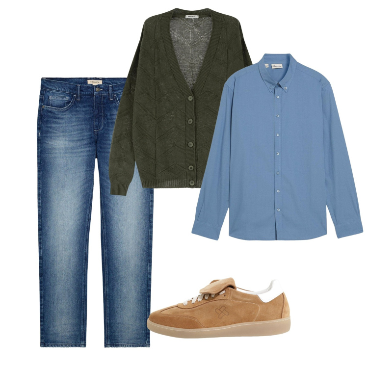 Outfit uomo - Passeggiate settembrine. Stile Casual per Tutti i giorni. Abbinamento con camicie, jeans dritti, cardigans, sneakers.