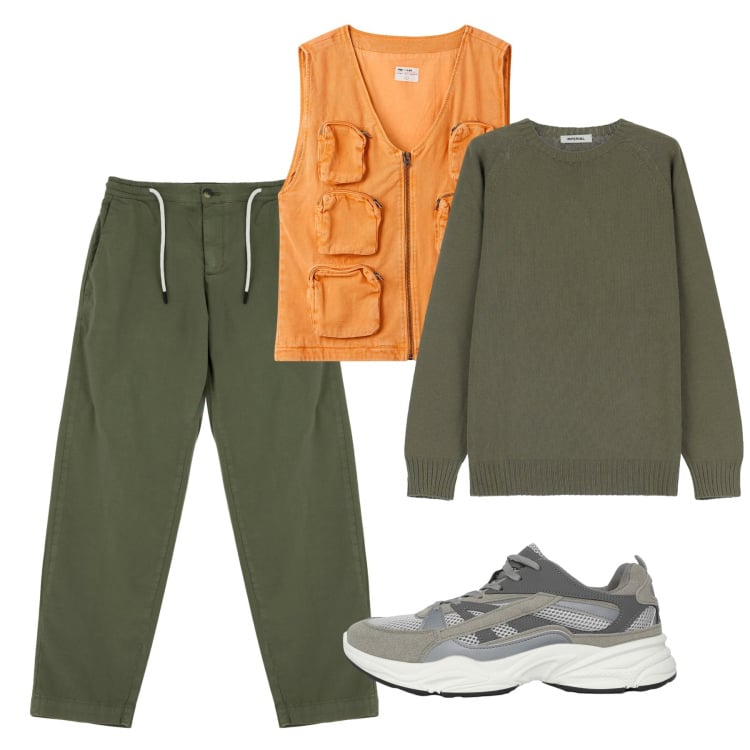 Outfit uomo - In montagna a settembre. Stile Casual per Tutti i giorni. Abbinamento con gilet, sneakers, pantaloni chino, maglieria.