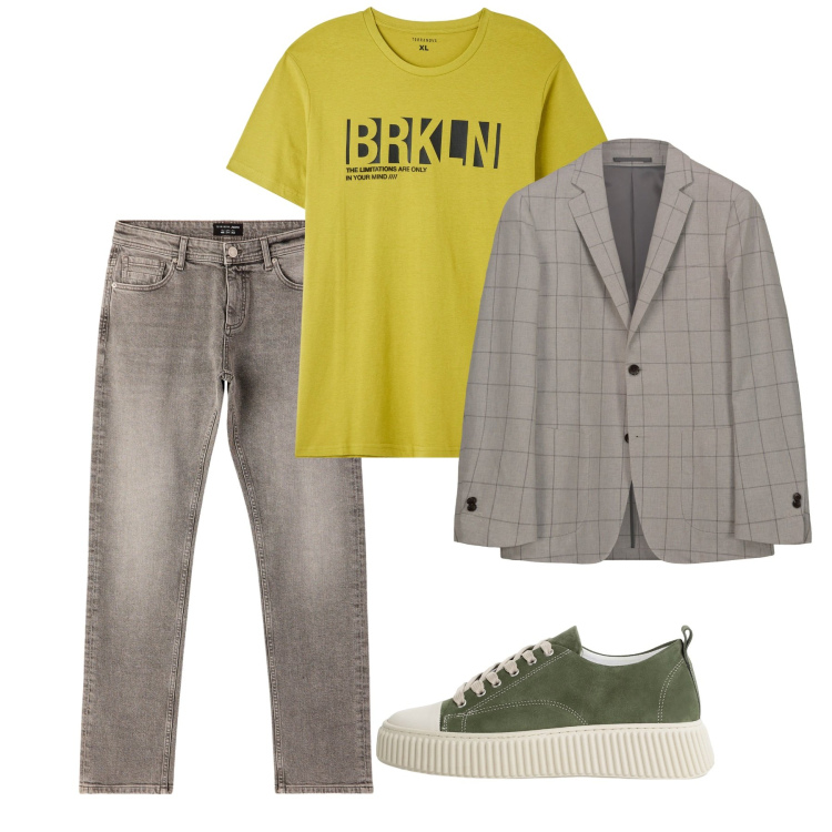 Outfit uomo - Domenica di settembre. Stile Casual per Tutti i giorni. Abbinamento con t-shirt, jeans, sneakers, giacche.