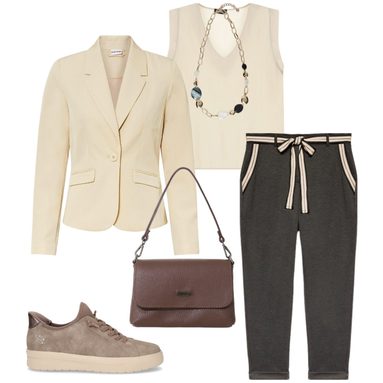 Outfit donna - Total look #2246525. Stile Sporty chic per Ufficio. Abbinamento con blazer, borse a tracolla, top, pantaloni chino, collane, sneakers.