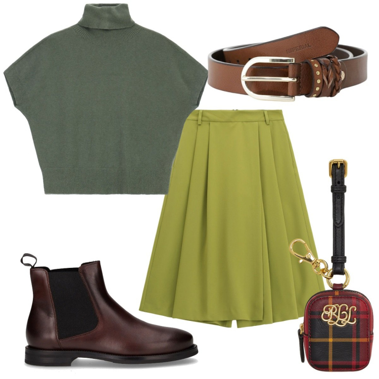 Outfit donna - Imperial FW25: autunno a colori. Stile Trendy per Tutti i giorni. Abbinamento con cinture, pantaloni, maglieria, pochette, stivaletti chelsea.