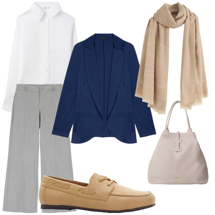 Outfit donna - Rientro in ufficio. Stile Casual per Ufficio. Abbinamento con mocassini, sciarpe, camicie, pantaloni a palazzo, borse tote, blazer.