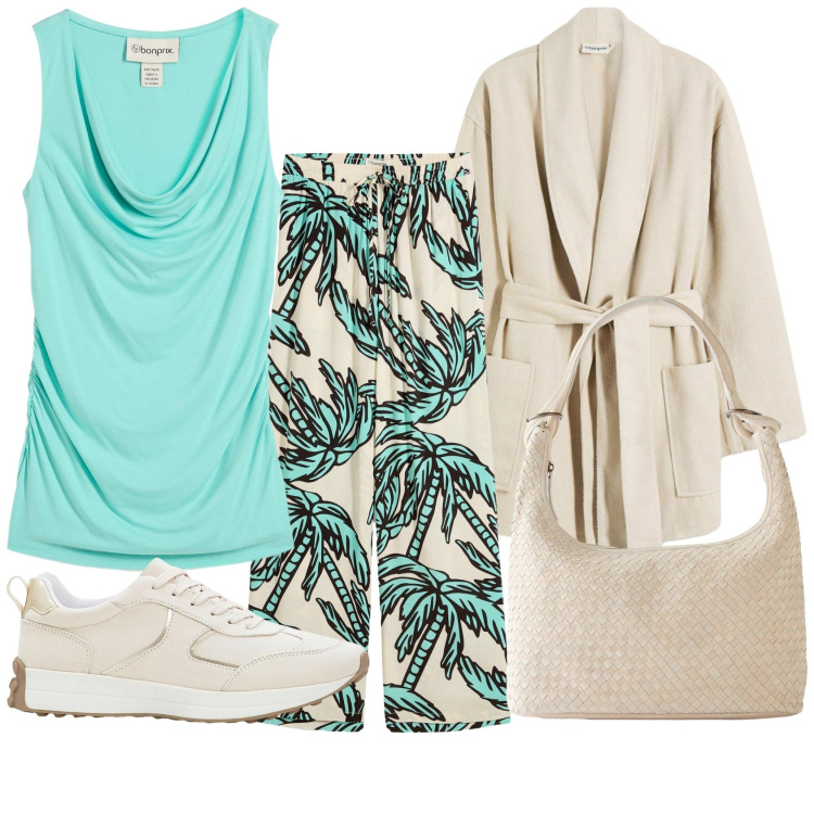 Outfit donna - Gita domenicale. Stile Casual per Tutti i giorni. Abbinamento con pantaloni, blazer, shopping bag, sneakers, top.