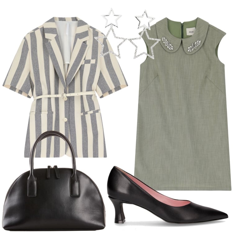 Outfit donna - Ufficio stelle e strisce. Stile Urban per Ufficio. Abbinamento con shopping bag, orecchini, blazer, vestiti corti, décolleté.