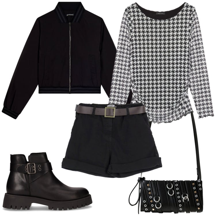 Outfit donna - Total look #2246565. Stile Rock per Tutti i giorni. Abbinamento con borse a spalla, shorts, bomber, bluse, stivaletti chelsea.