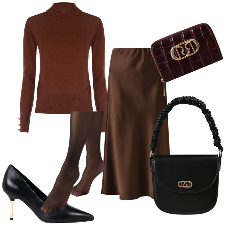 Outfit donna - Riunione vip Rinascimento. Stile Chic per Ufficio. Abbinamento con collant, décolleté, portafogli, gonne longuette, maglieria, borse a mano.
