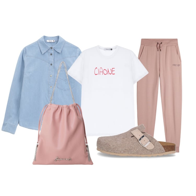 Outfit donna - Ciaone T-shirt. Stile Casual per Tutti i giorni. Abbinamento con t-shirt, camicie, borse a secchiello, pantaloni, sabot.