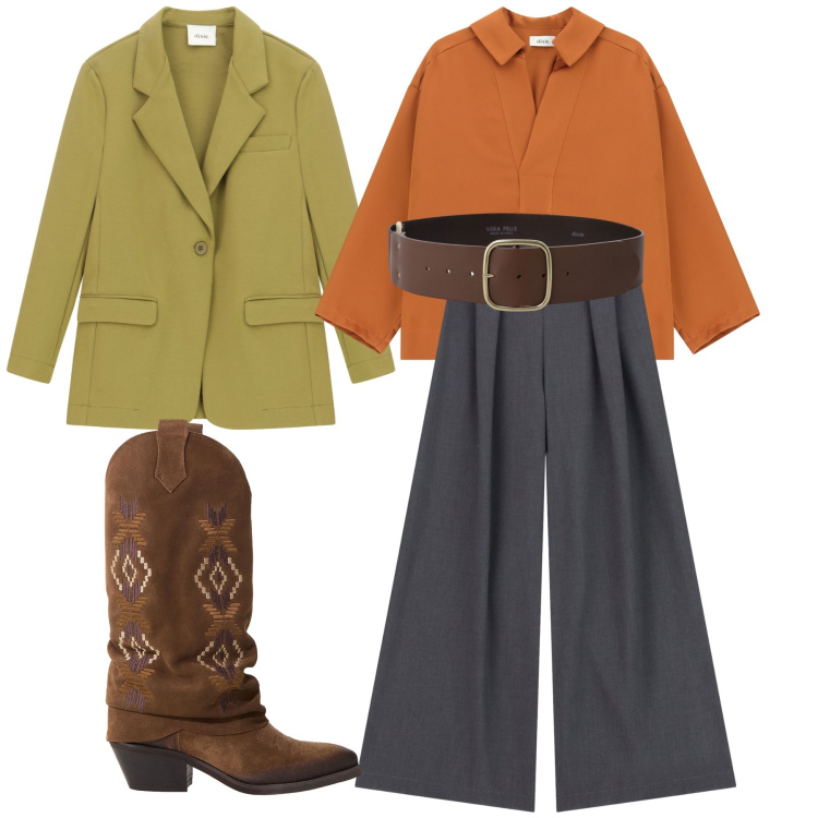 Outfit donna - La città è mia. Stile Trendy per Tutti i giorni. Abbinamento con pantaloni, blazer, stivali, camicie, cinture.
