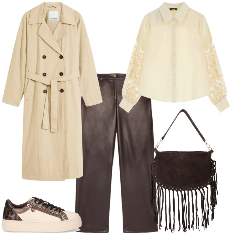 Outfit donna - Total look #2246575. Stile Trendy per Tutti i giorni. Abbinamento con trench, borse a tracolla, camicie, pantaloni, sneakers.