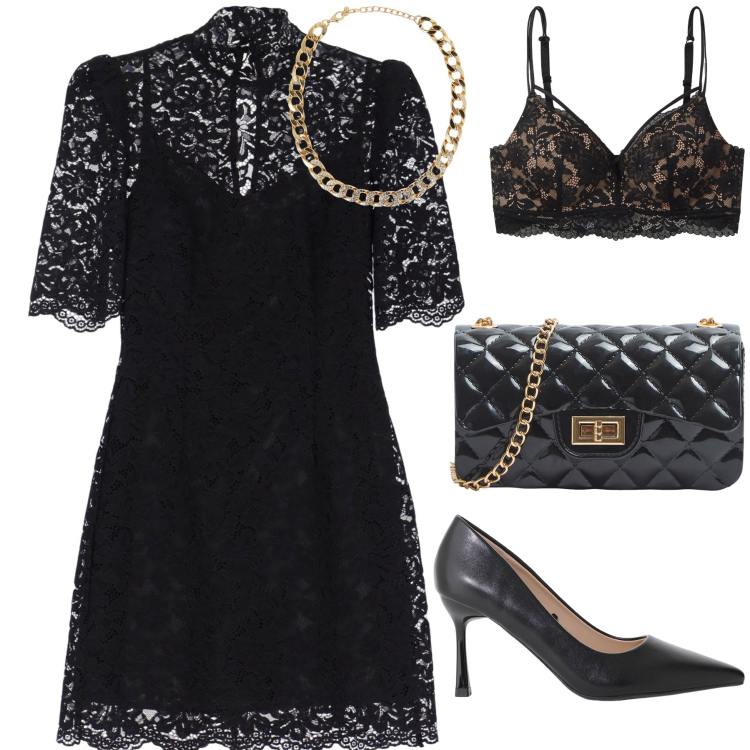 Outfit donna - In pizzo a poco prezzo. Stile Glamour per Serata fuori. Abbinamento con borse a tracolla, reggiseni, collane, décolleté, vestiti corti.