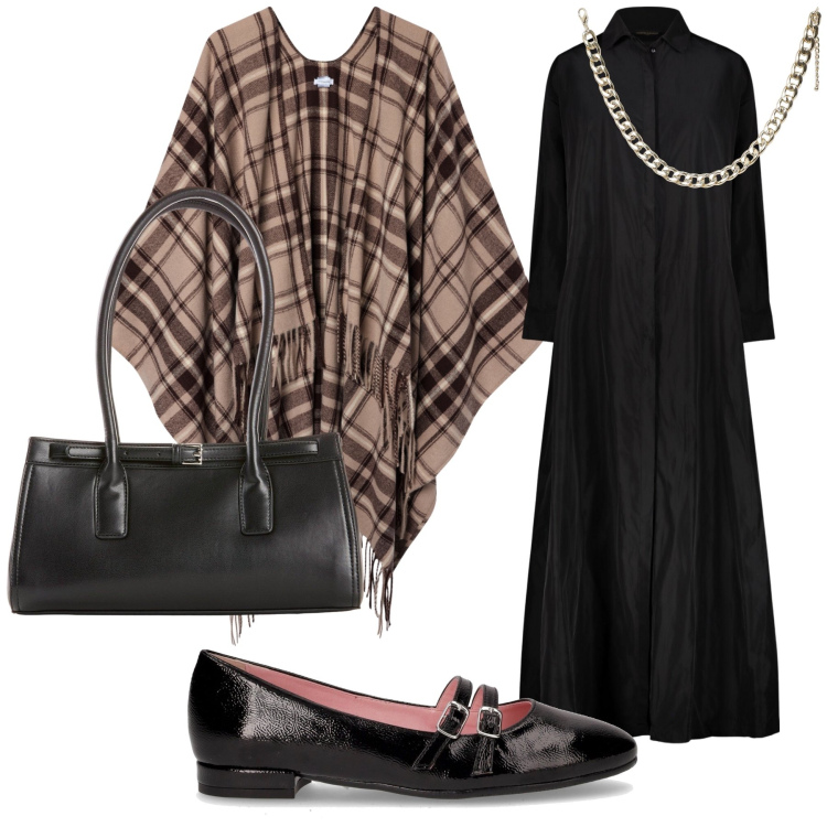 Outfit donna - Una mantella per i primi freddi. Stile Bon Ton per Tutti i giorni. Abbinamento con borse a mano, cappotti, collane, ballerine, vestiti.