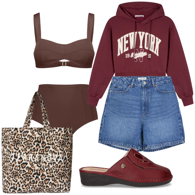Outfit donna - Felpa e bikini a settembre. Stile Basic per Mare. Abbinamento con bermuda, borse tote, felpe con cappuccio, bikini, ciabatte.