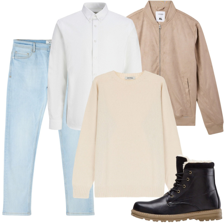 Outfit uomo - Jeans chiari. Stile Casual per Ufficio. Abbinamento con stivali e stivaletti, camicie, jeans skinny, bomber, maglieria.