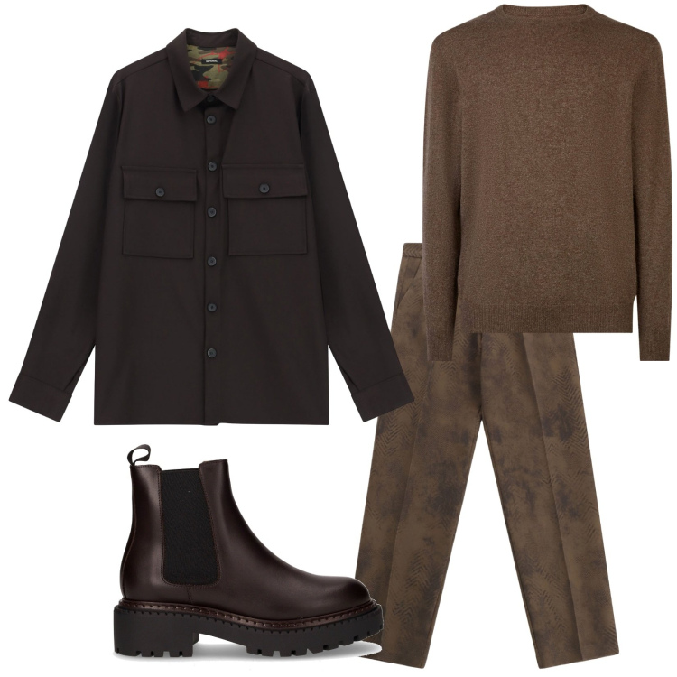 Outfit uomo - Marron. Stile Trendy per Tutti i giorni. Abbinamento con pantaloni, camicie, maglieria, stivali e stivaletti.