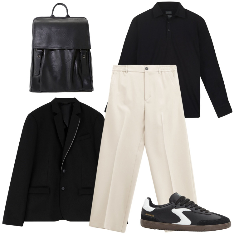 Outfit uomo - La polo a maniche lunghe. Stile Casual per Ufficio. Abbinamento con sneakers, giacche, pantaloni, borse sportive, polo.
