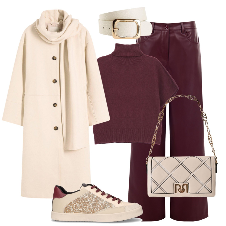 Outfit donna - Cappotto over con sciarpa. Stile Casual chic per Tutti i giorni. Abbinamento con cappotti, cinture, pantaloni, borse a tracolla, maglieria, sneakers.
