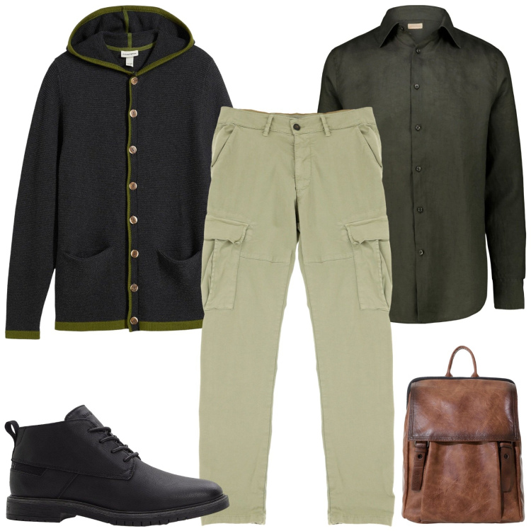 Outfit uomo - Cardigan con cappuccio. Stile Casual per Tutti i giorni. Abbinamento con cardigans, stivali e stivaletti, borse sportive, pantaloni cargo, camicie.