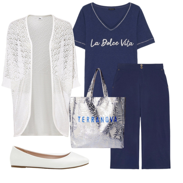 Outfit donna - Total look #2246602. Stile Casual per Tutti i giorni. Abbinamento con ballerine, cardigans, borse tote, t-shirt, pantaloni.