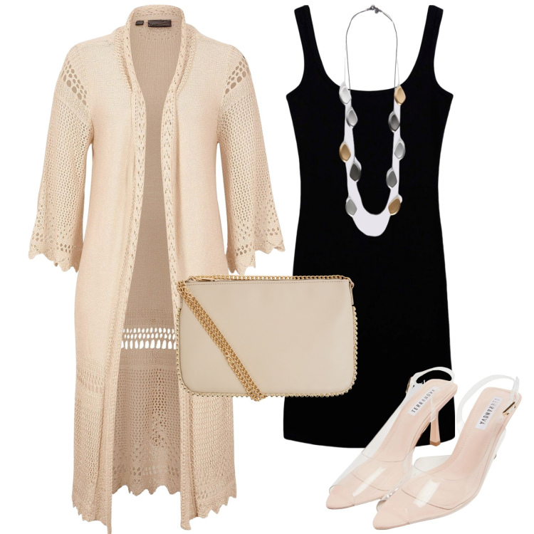 Outfit donna - Il Maxi cardigan beige. Stile Casual chic per Serata fuori. Abbinamento con cardigans, vestiti corti, borse a tracolla, sandali col tacco, collane.