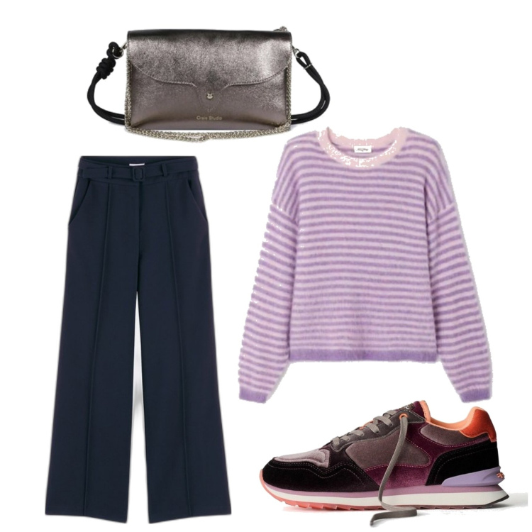 Outfit mujer - Casual look. Estilo Casual para Todos los días. Combinación con prendas de punto, sneakers, bolsos de mano, pantalones.
