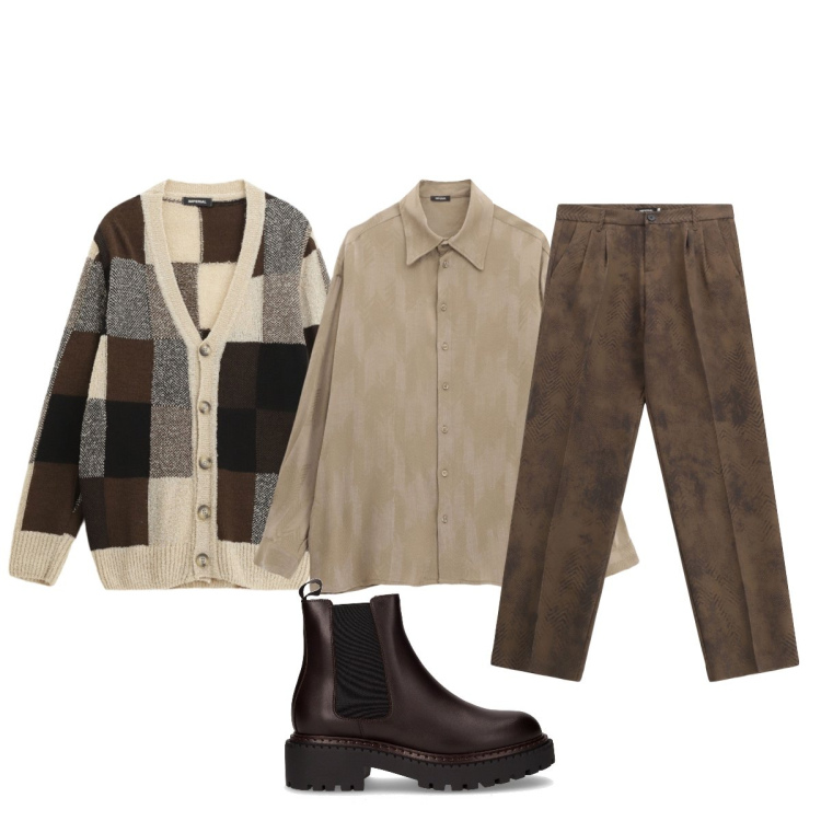 Outfit uomo - Il cardigan patch-work IMPERIAL. Stile Trendy per Ufficio. Abbinamento con pantaloni, camicie, cardigans, stivali e stivaletti.