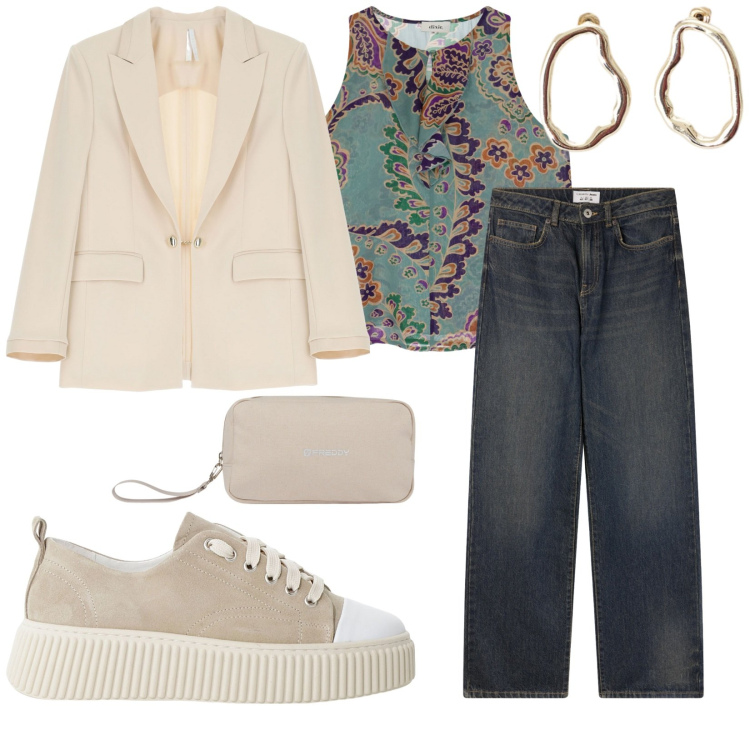 Outfit donna - Total look #2246614. Stile Casual per Tutti i giorni. Abbinamento con jeans dritti, sneakers, blazer, valigie, top, orecchini.