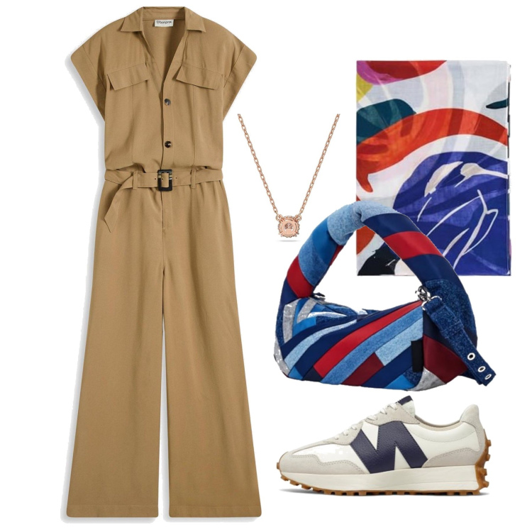 Outfit femme - Septembre. Style Casual chic pour Tous les jours. Assortir avec combinaisons, sacs en bandoulière, foulards, colliers, sneakers.