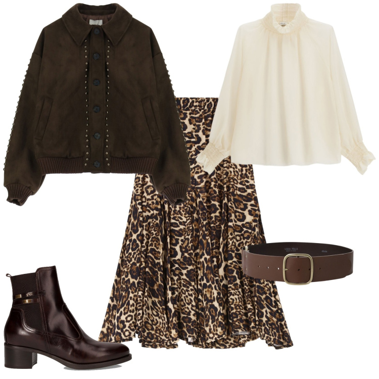 Outfit donna - Total look #2246618. Stile Glamour per Ufficio. Abbinamento con gonne, cinture, camicie, bomber, stivaletti.