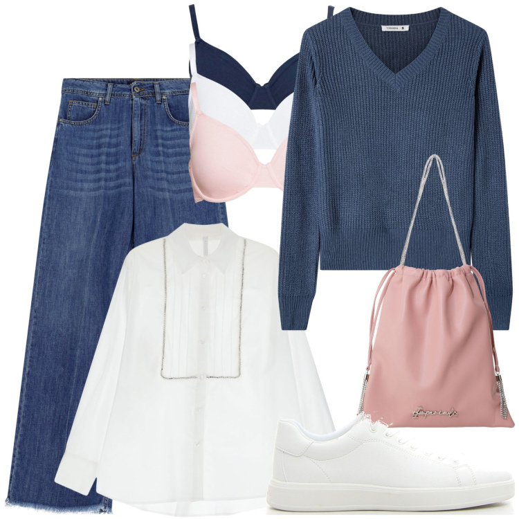 Outfit donna - Comodità in ufficio. Stile Casual per Tutti i giorni. Abbinamento con reggiseni, maglieria, camicie, borse a secchiello, jeans, sneakers.