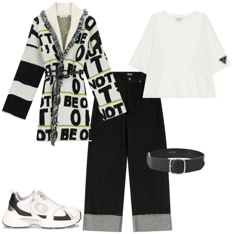 Outfit donna - Total look #2246621. Stile Trendy per Ufficio. Abbinamento con cardigans, jeans, t-shirt, cinture, sneakers.