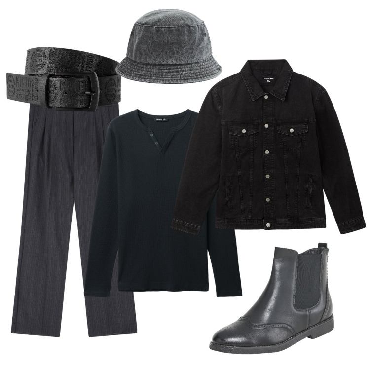 Outfit uomo - In ufficio total black. Stile Urban per Tutti i giorni. Abbinamento con cinture, cappelli, stivali e stivaletti, giacche, t-shirt, pantaloni.