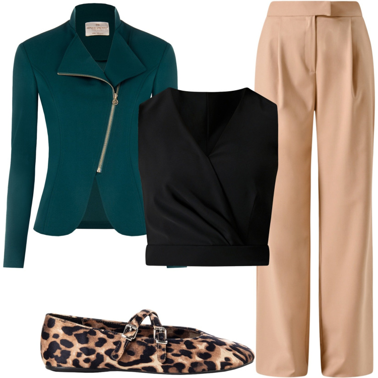 Outfit donna - Rinascimento. Stile Casual per Tutti i giorni. Abbinamento con pantaloni, top, ballerine, blazer.
