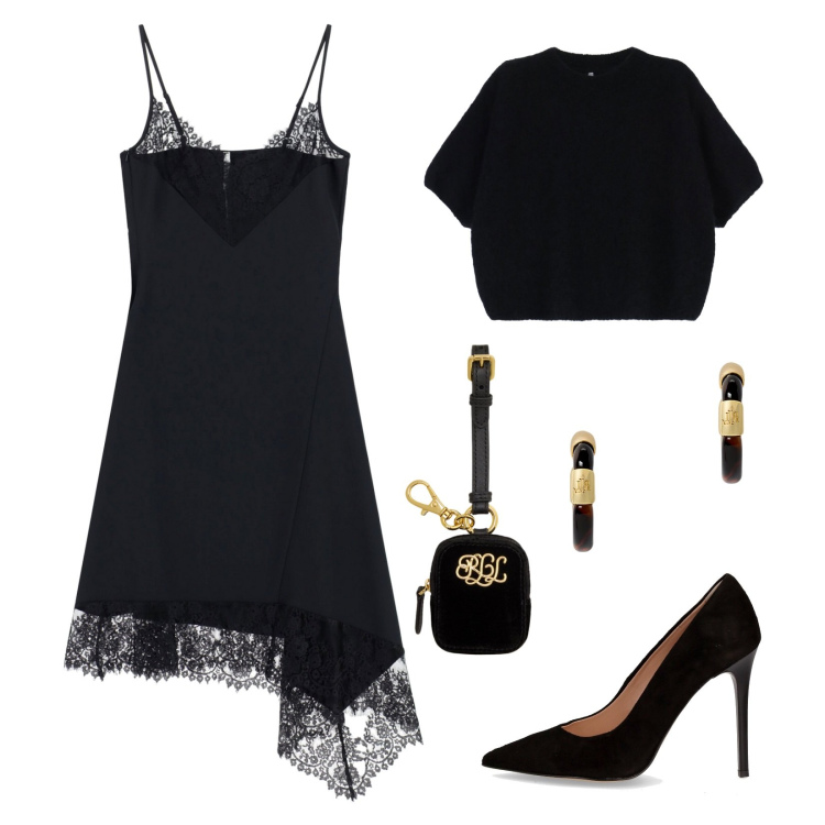 Outfit donna - Woman in black!. Stile Glamour per Serata fuori. Abbinamento con maglieria, vestiti asimmetrici, orecchini, pochette, décolleté.