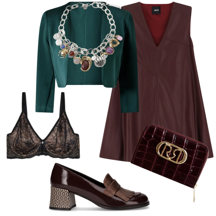 Outfit donna - Total look #2246628. Stile Chic per Serata fuori. Abbinamento con portafogli, bolero, braccialetti con ciondoli, vestiti corti, mocassini, reggiseni.