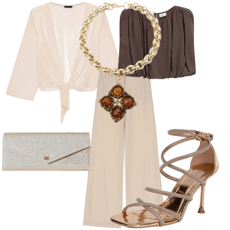Outfit donna - Cerimonia. Stile Bon Ton per Cerimonia. Abbinamento con sandali col tacco, pochette, top, pantaloni, collane, blazer.