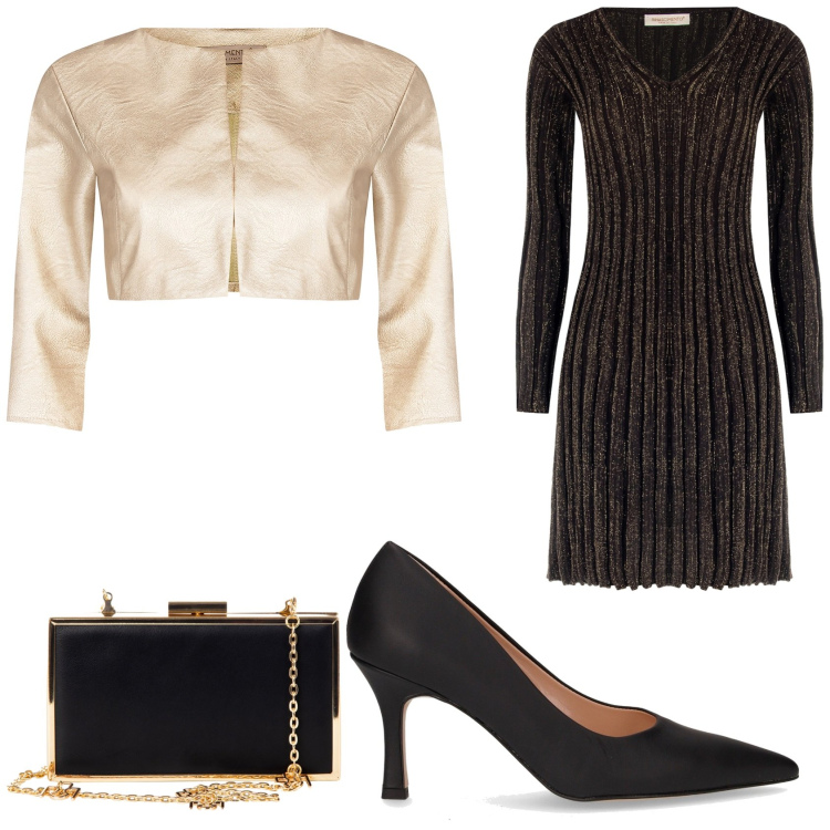 Outfit donna - Nero e oro di sera. Stile Glamour per Serata fuori. Abbinamento con bolero, pochette, vestiti corti, décolleté.