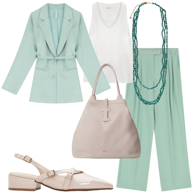 Outfit donna - Total look #2246633. Stile Bon Ton per Ufficio. Abbinamento con décolleté, pantaloni, blazer, borse tote, collane, top.