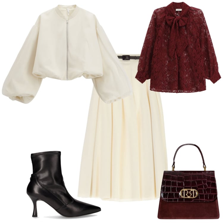 Outfit donna - Bon ton bianco bordeaux. Stile Bon Ton per Serata fuori. Abbinamento con borse a mano, bomber, gonne longuette, camicie, stivaletti.