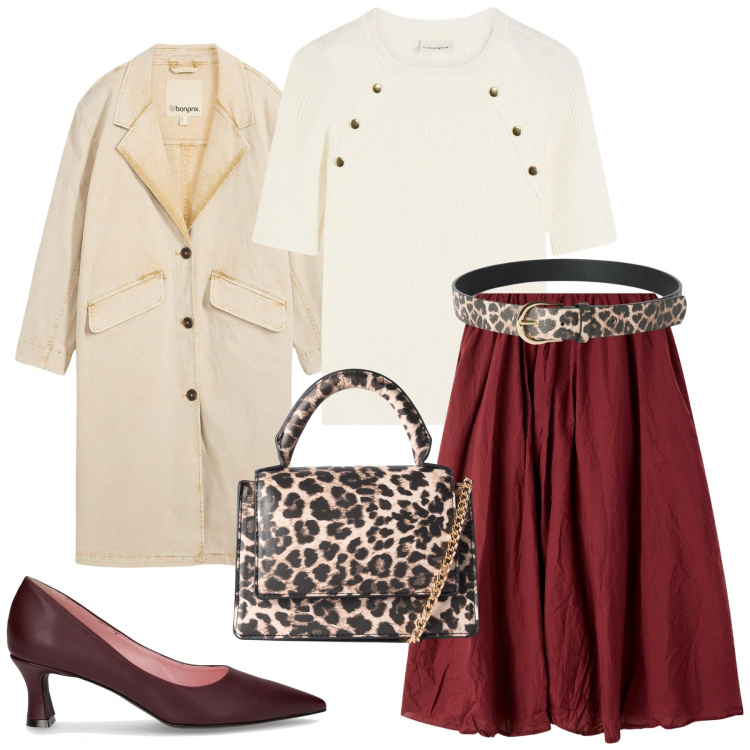 Outfit donna - Total look #2246645. Stile Glamour per Ufficio. Abbinamento con trench, maglieria, gonne lunghe, borse a tracolla, cinture, décolleté.