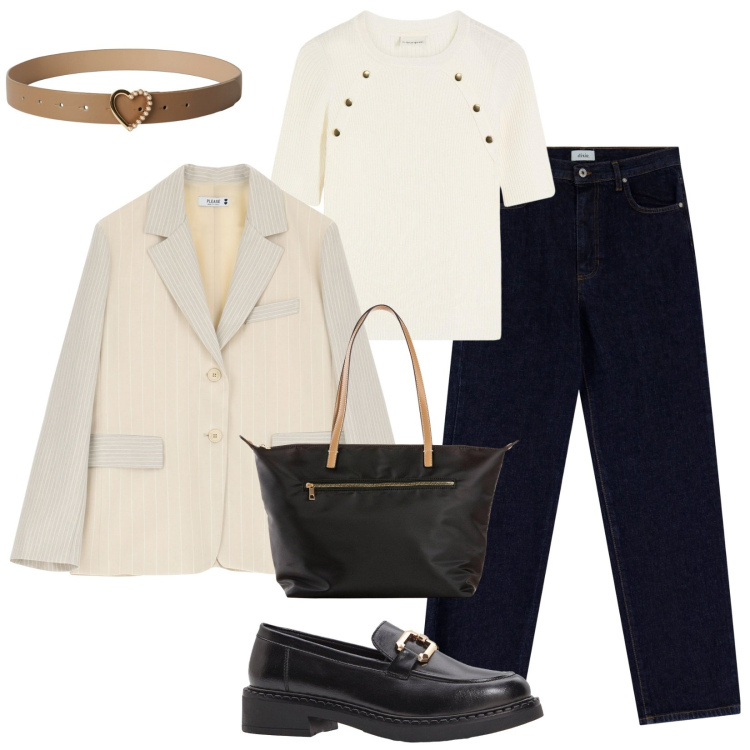 Outfit donna - Total look #2246646. Stile Casual per Ufficio. Abbinamento con shopping bag, mocassini, maglieria, cinture, blazer, jeans dritti.