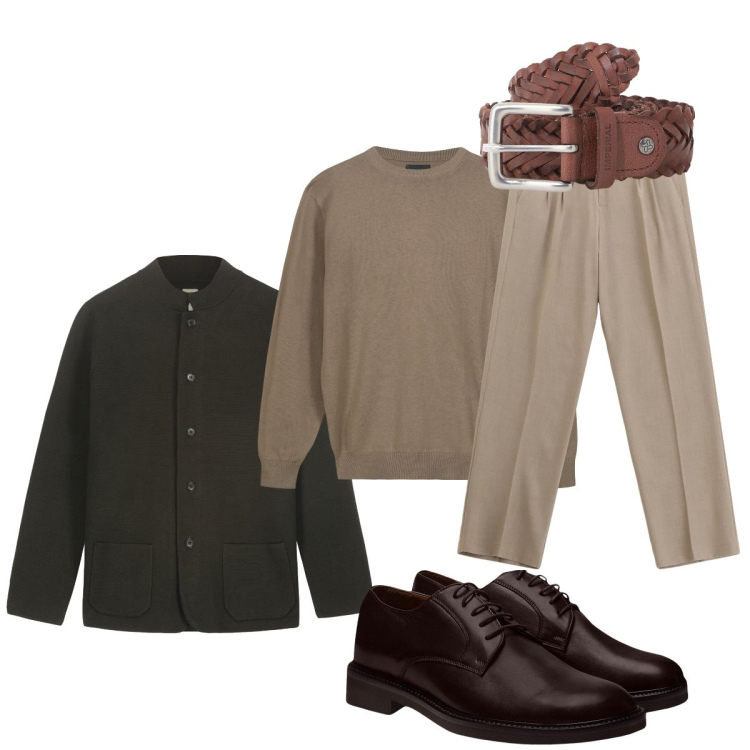 Outfit uomo - Beige verde bosco. Stile Trendy per Tutti i giorni. Abbinamento con cinture, pantaloni, scarpe stringate, maglieria, giacche.