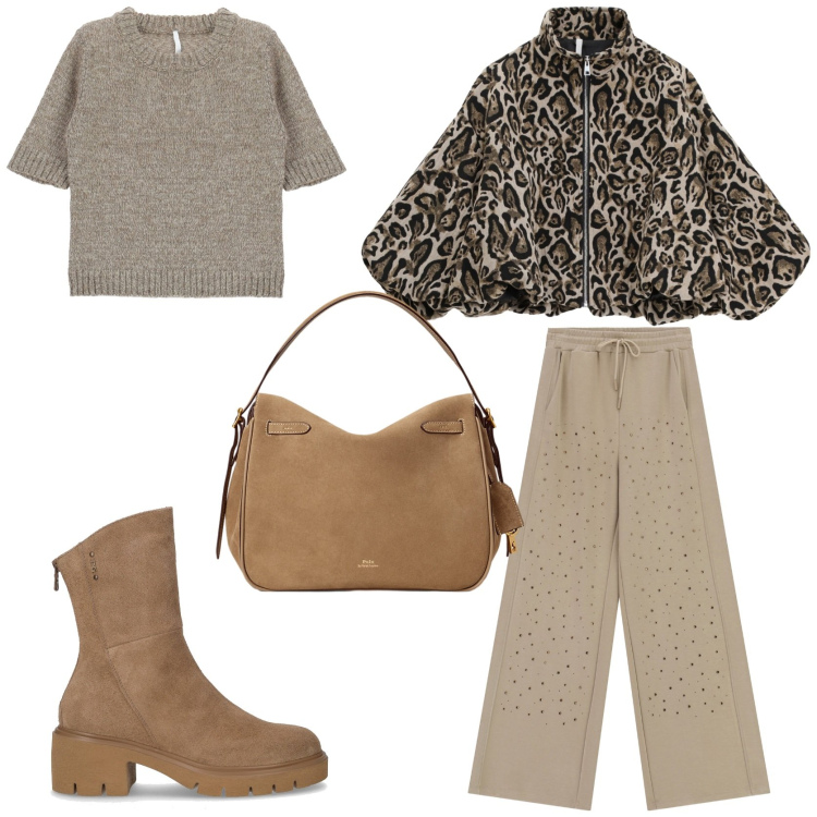Outfit donna - Autunno trendy. Stile Trendy per Tutti i giorni. Abbinamento con maglieria, bomber, pantaloni, borse a mano, stivaletti.