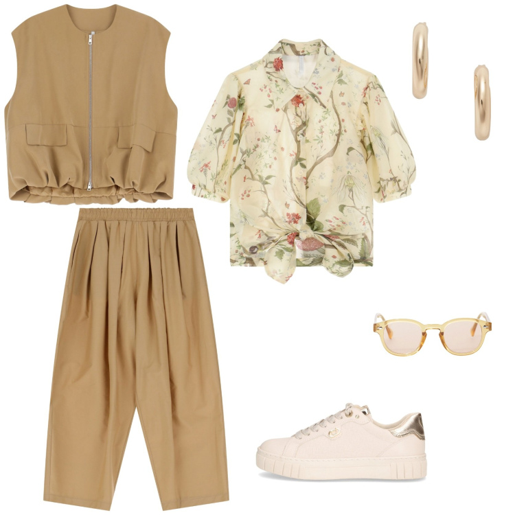 Outfit donna - Rientro sprint. Stile Minimal per Ufficio. Abbinamento con occhiali da sole, camicie a manica corta, pantaloni, piumini, orecchini, sneakers.