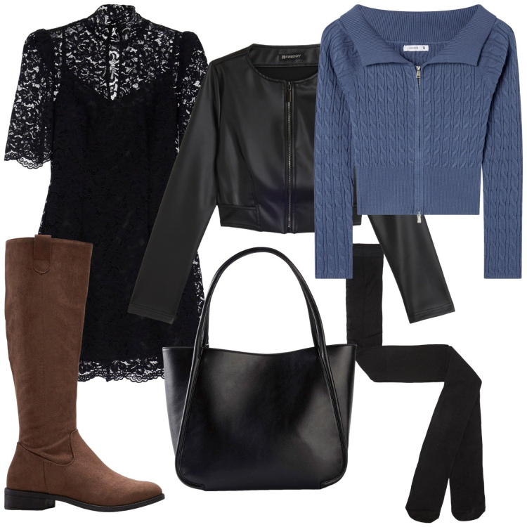 Outfit donna - Pizzo sporty. Stile Casual chic per Tutti i giorni. Abbinamento con stivali, shopping bag, cardigans, collant, vestiti corti, giacche.