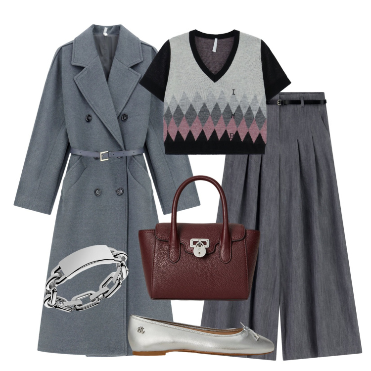 Outfit donna - Nuova collezione Imperial. Stile Urban per Tutti i giorni. Abbinamento con pantaloni a palazzo, cappotti, maglieria, anelli, ballerine, borse a mano.