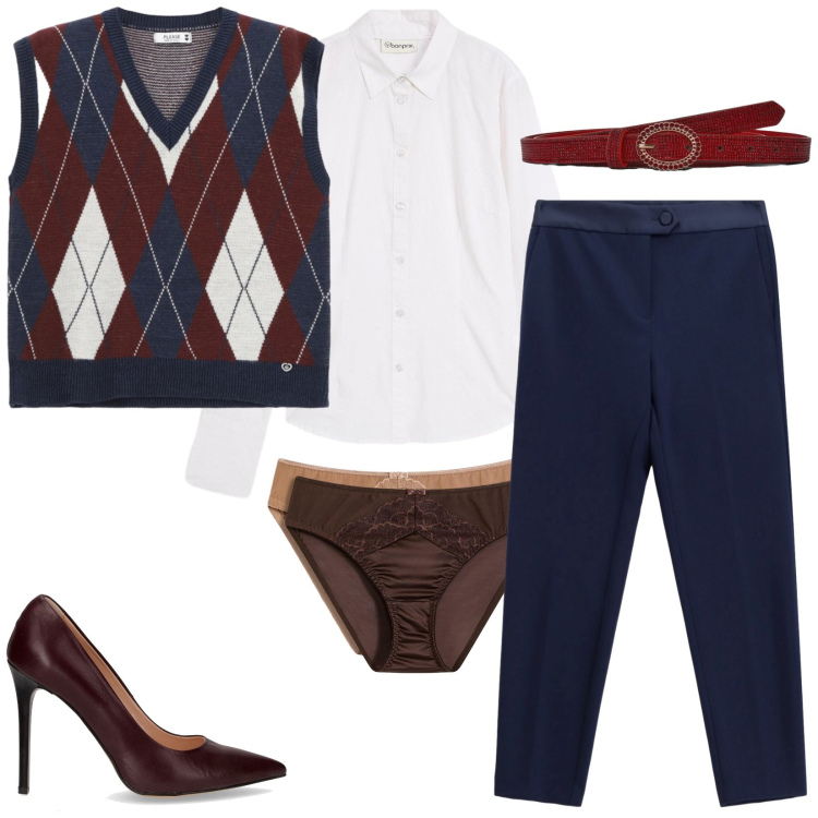 Outfit donna - Total look #2246656. Stile Casual per Ufficio. Abbinamento con camicie, culotte, cinture, gilet, pantaloni, décolleté.