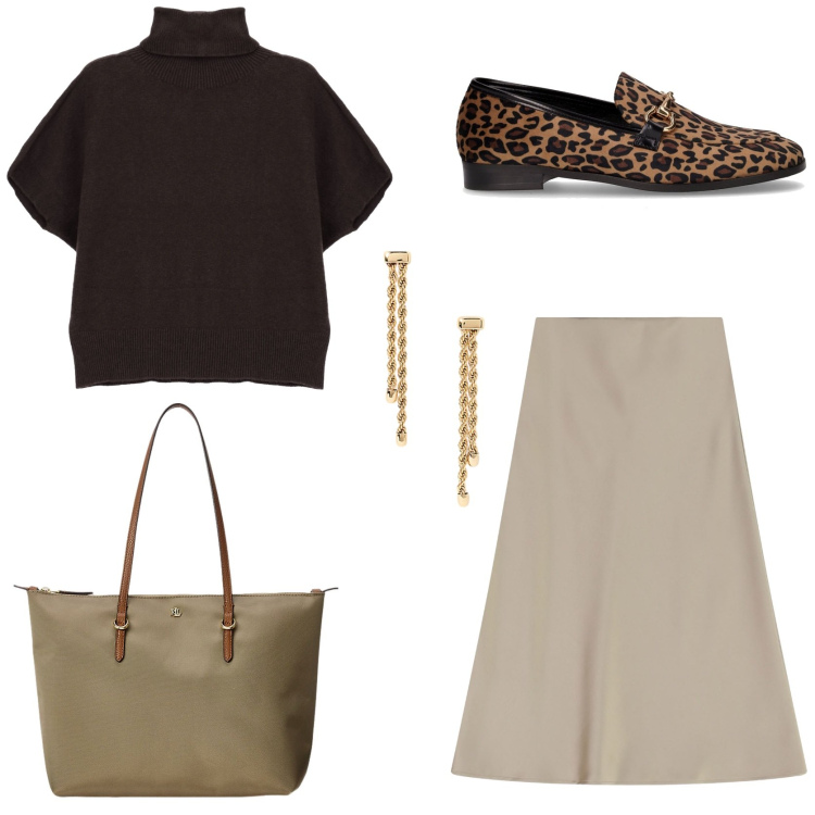 Outfit donna - Urban fall. Stile Trendy per Tutti i giorni. Abbinamento con gonne longuette, maglieria, borse tote, orecchini, mocassini.